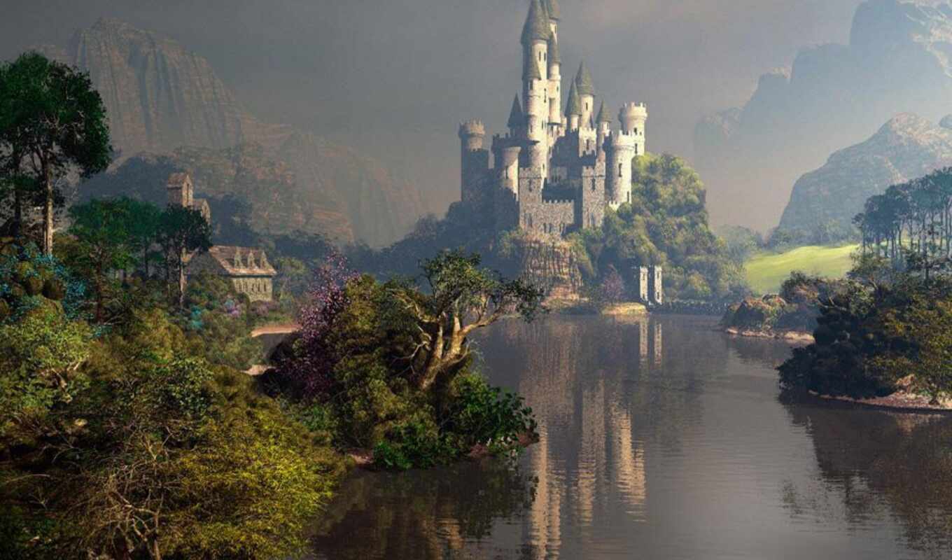 озеро, дерево, вода, гора, мир, магия, фантазия, растение, замок, легкий туман