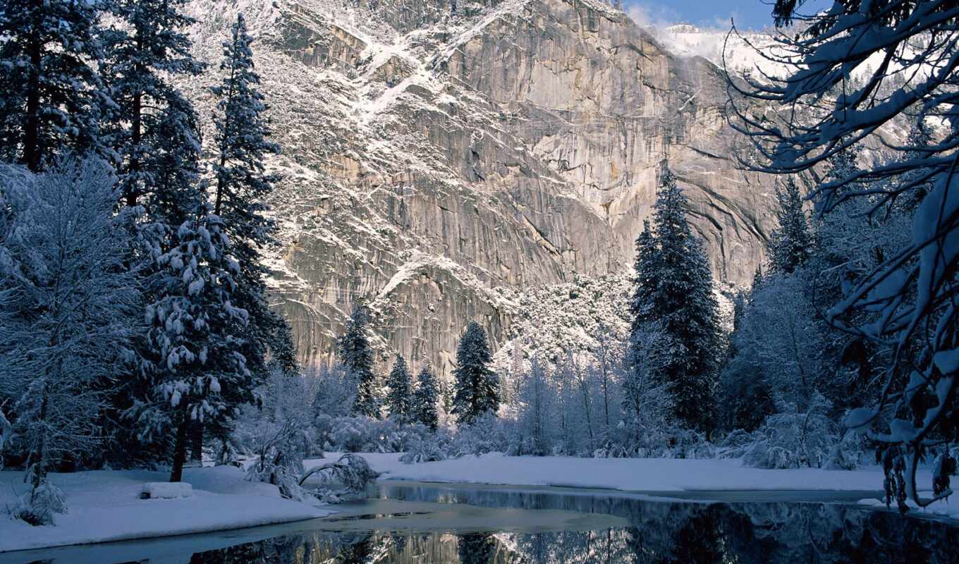 mountains, winter, forest, river