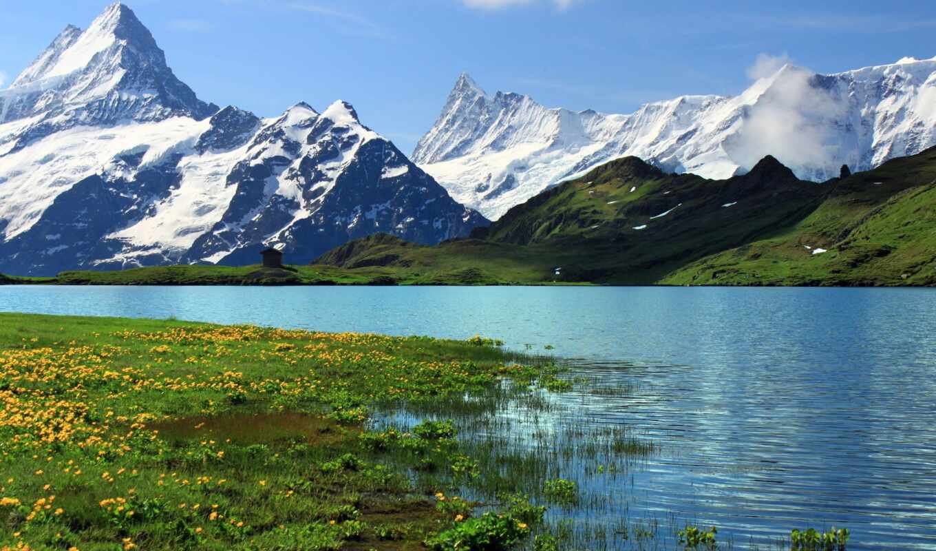 озеро, гор, день, swiss, горное, швейцария, берн, заснеженных