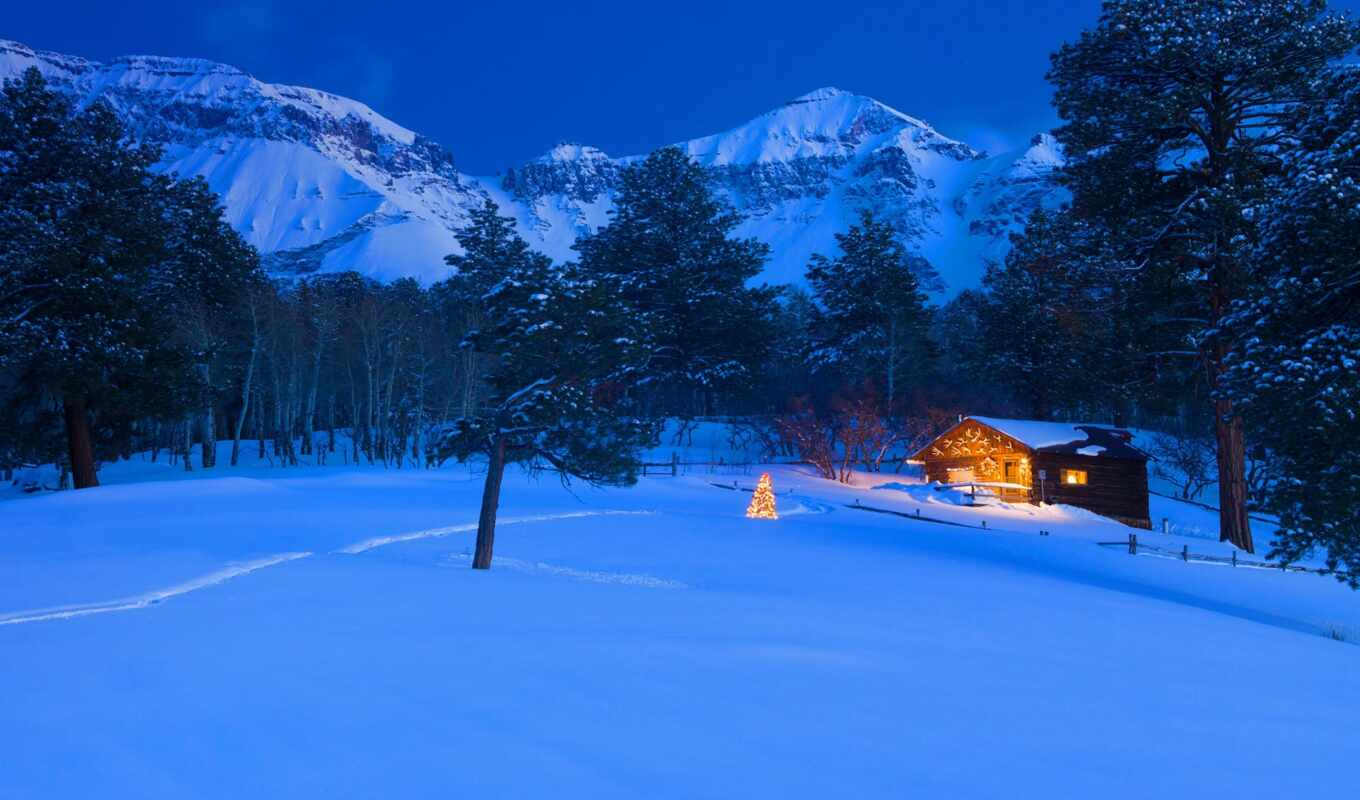 winter, mountain, christmas, cabin