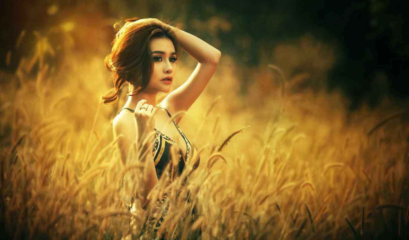 view, girl, field, hair, asian, model, see