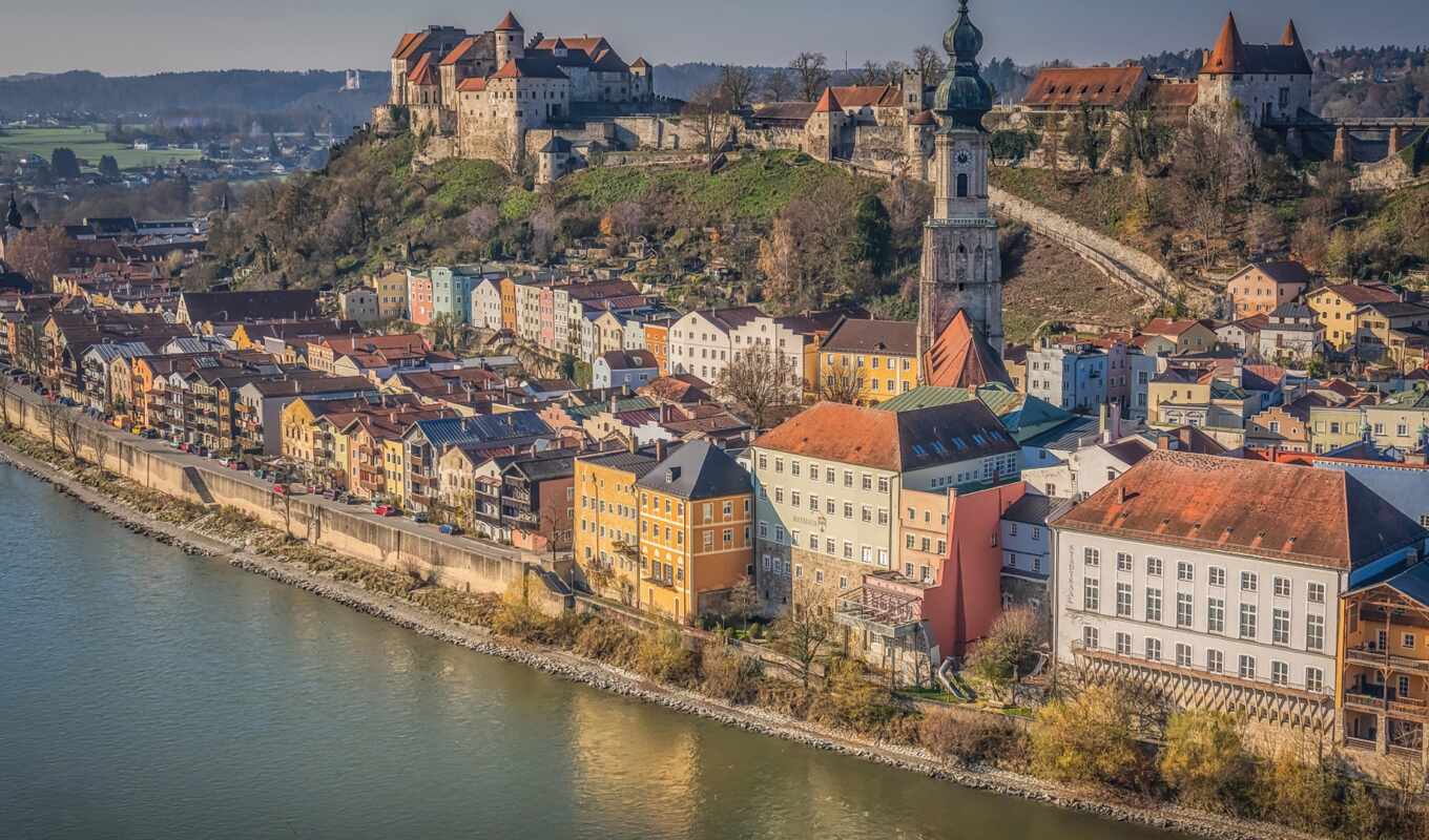 blue, white, город, castle, река, aerial, bayern, salzburg, salzach, бавария, nehr