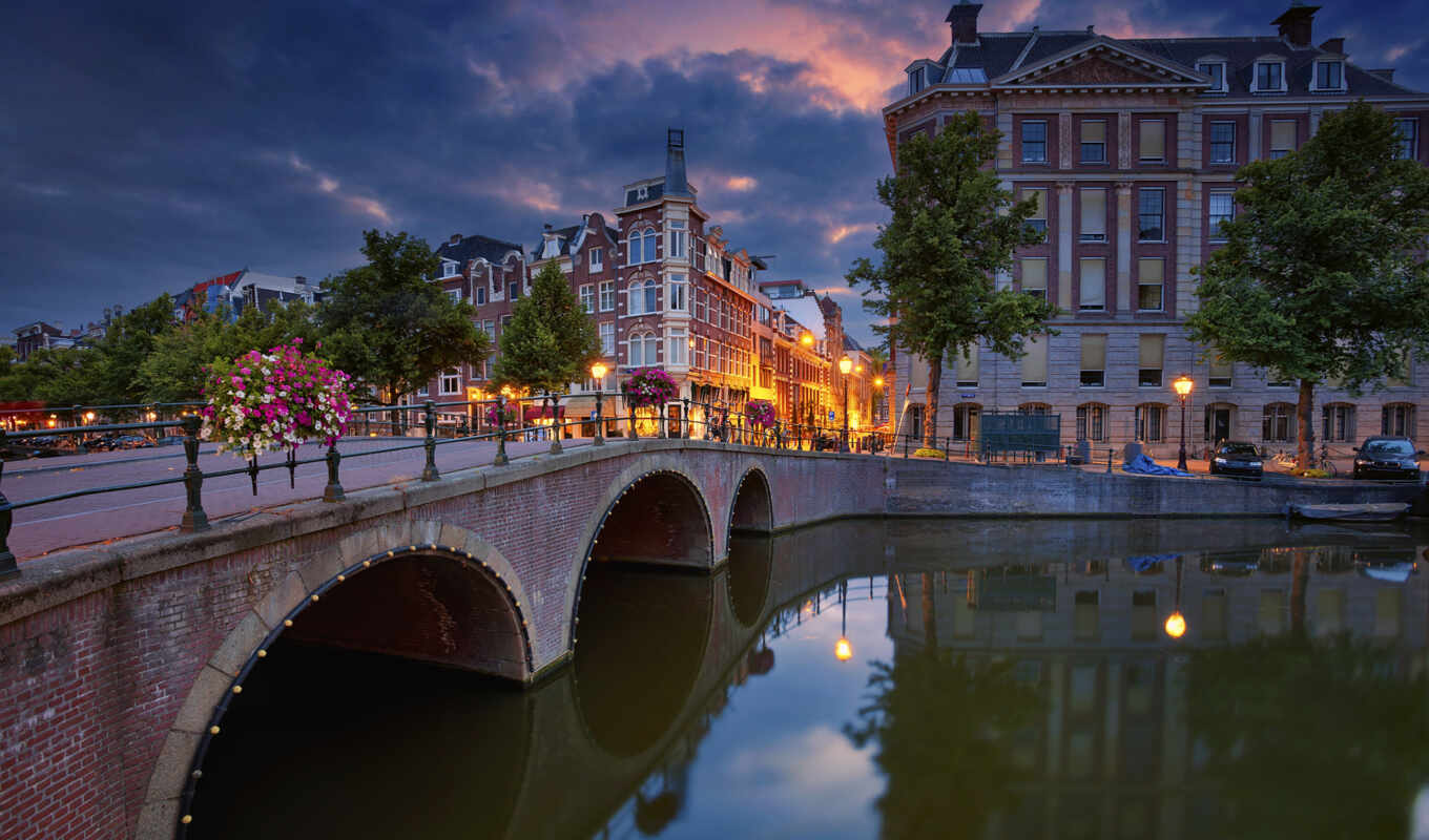 город, мост, cityscape, amsterdam, нидерланды, canal, восход, отражение, build, европа, dusk