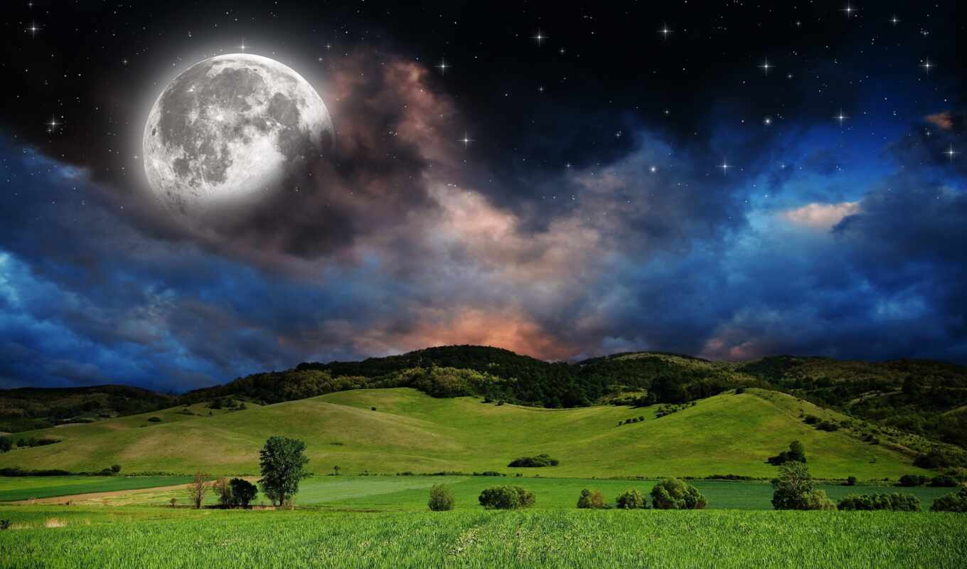 природа, небо, ночь, луна, красивые, лунно, луга, звезды, холмы, margin
