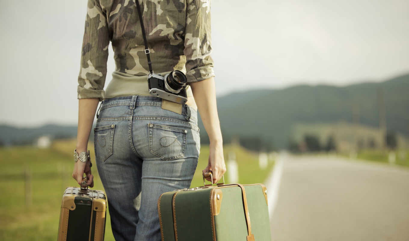 photo camera, mobile, girl, suitcase, road