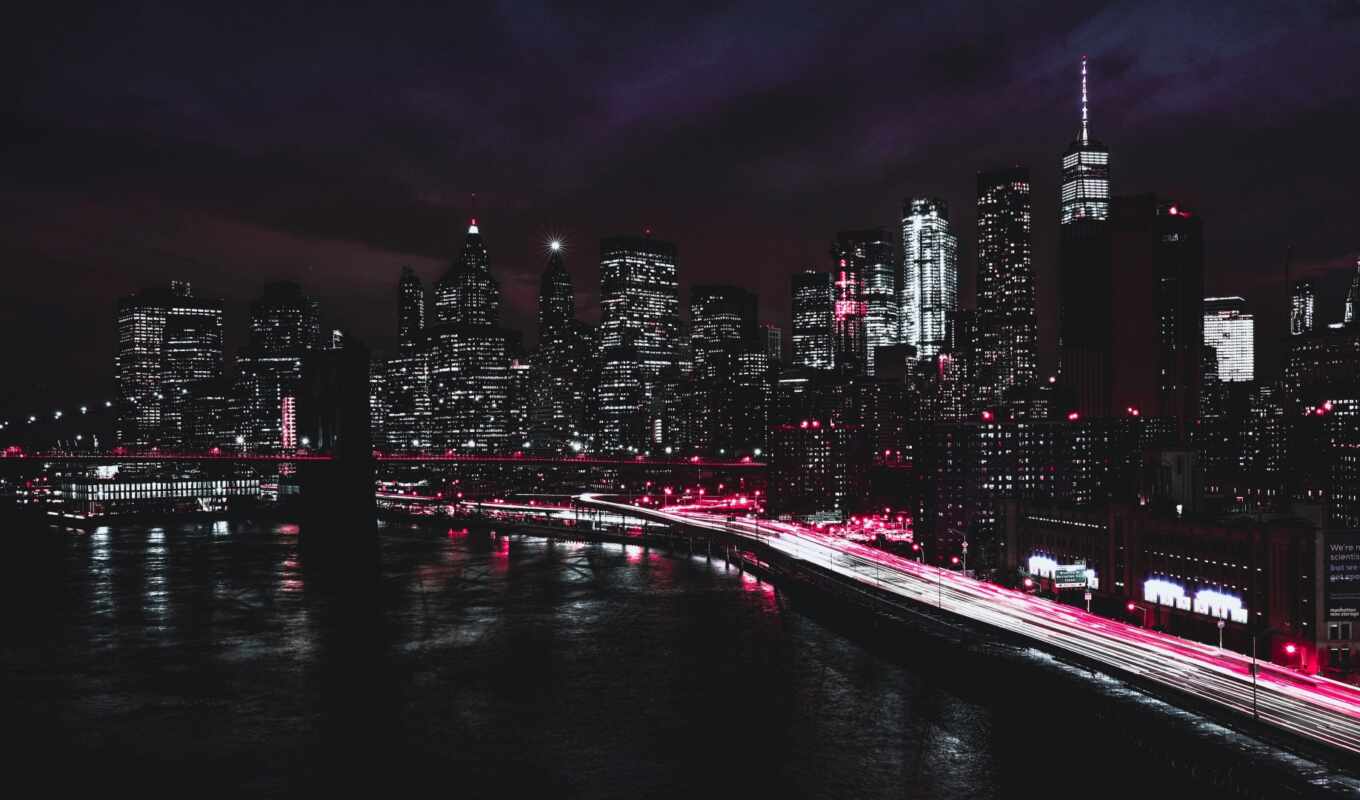 new, город, ночь, мост, skyline, usa, во, york, небоскрёб