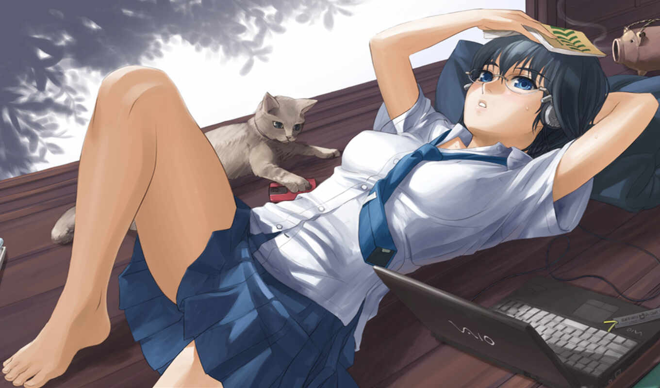 girl, a laptop, anime, cat, deck