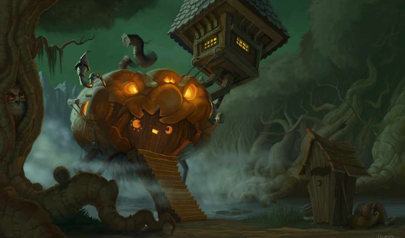 art, house, tree, forest, owl, halloween, swamp, pumpkin