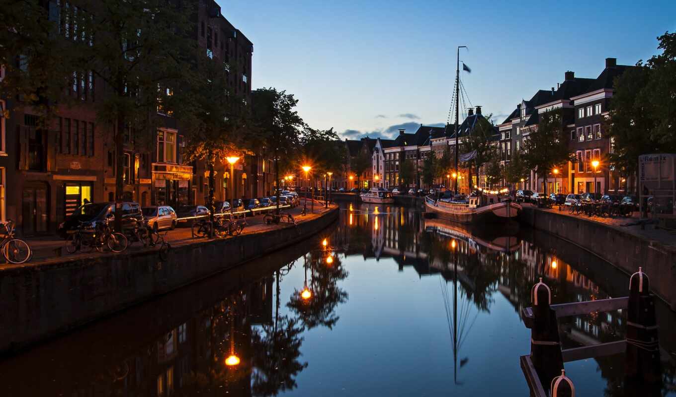 город, ночь, нидерланды, canal, holland, гронинген