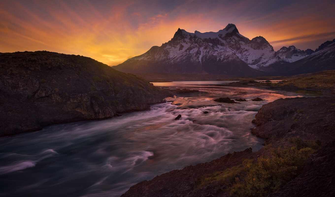 sunset, mountain, landscape, river, paine, chile, patagonia