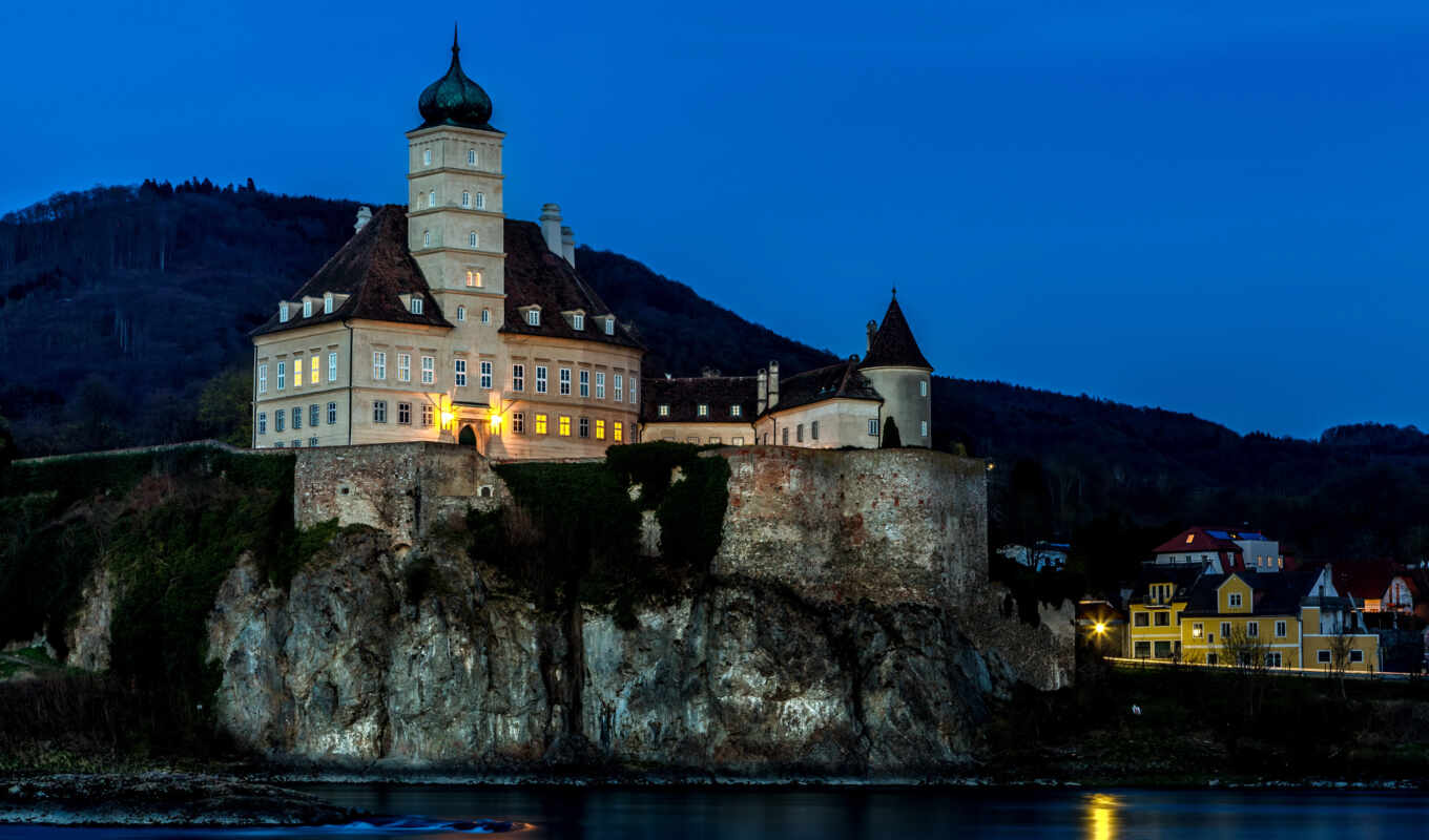 ночь, австрия, castle, река, wallbox, crag