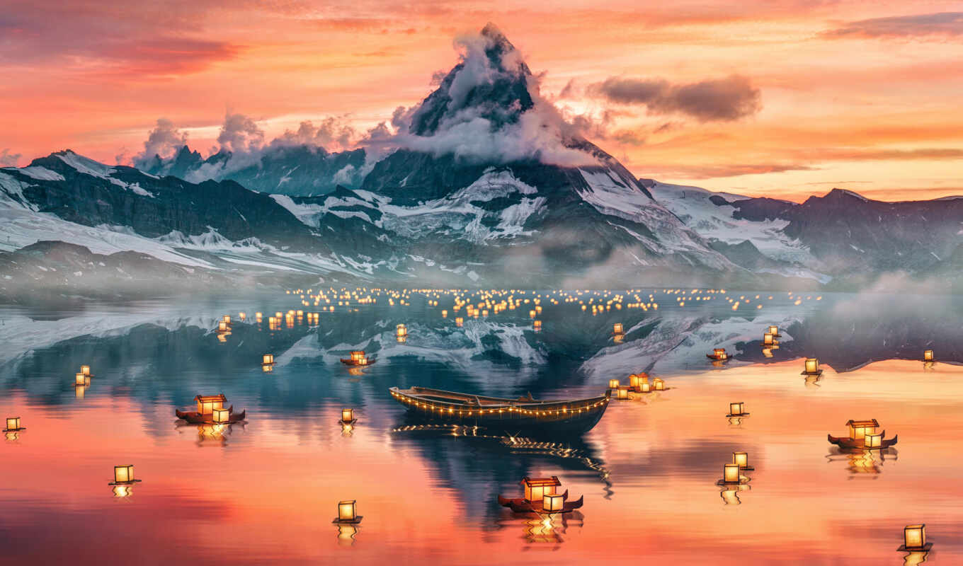 lake, background, mountain, lights, swiss, the alps, lantern