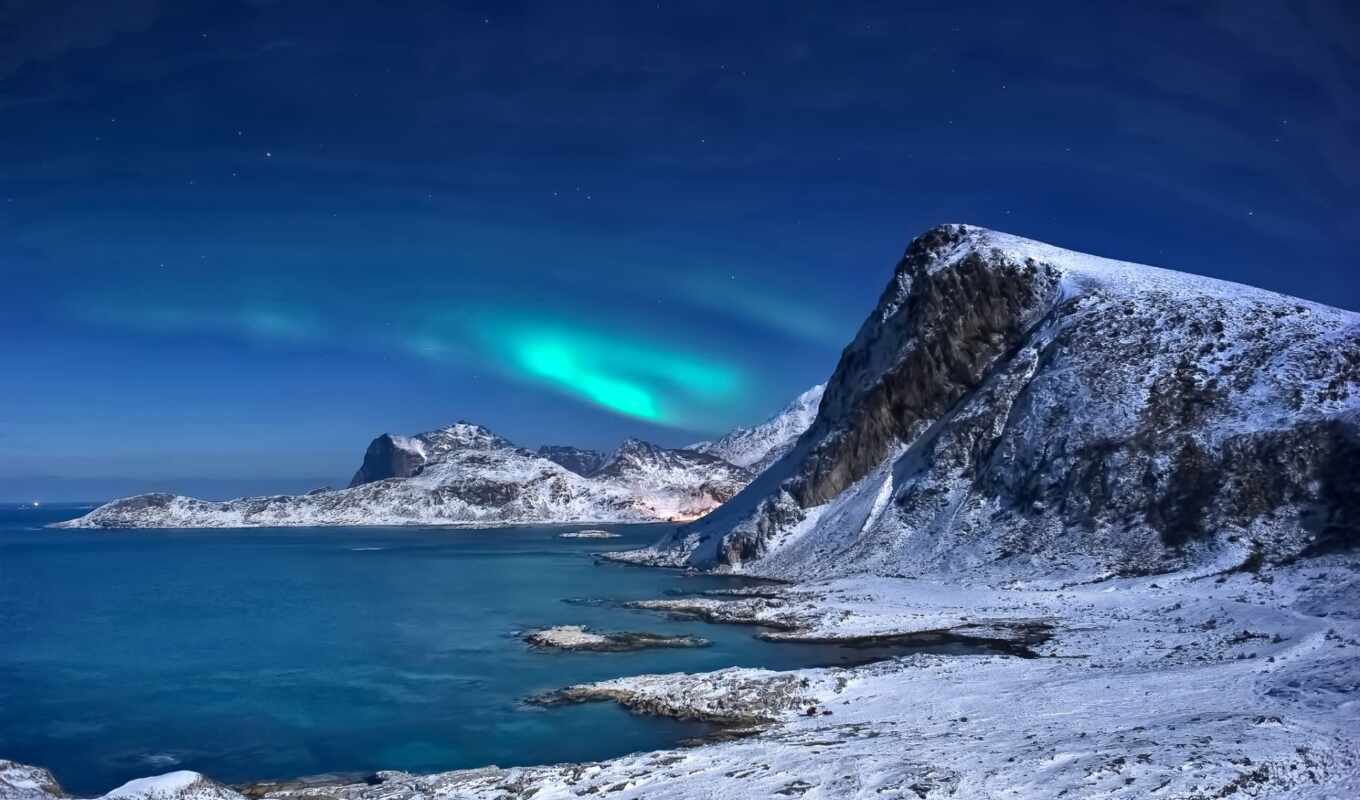 snow, winter, mountain, landscape, lights, sea, island, Norway, northern, Lofoten islands