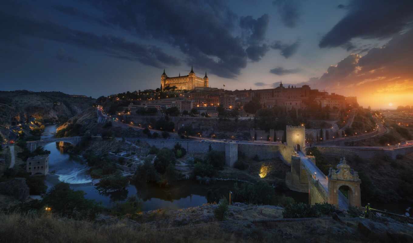 city, night, fire, sol, of, river, Spain, sunset, toledo