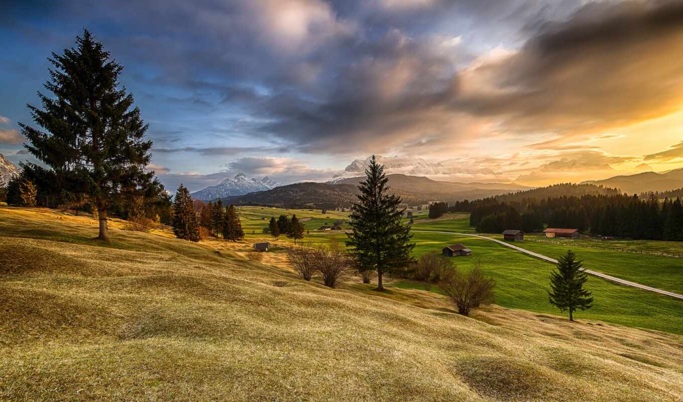 nature, house, tree, station, mountain, field, morning, sunrise, hill, meadow, bavaria