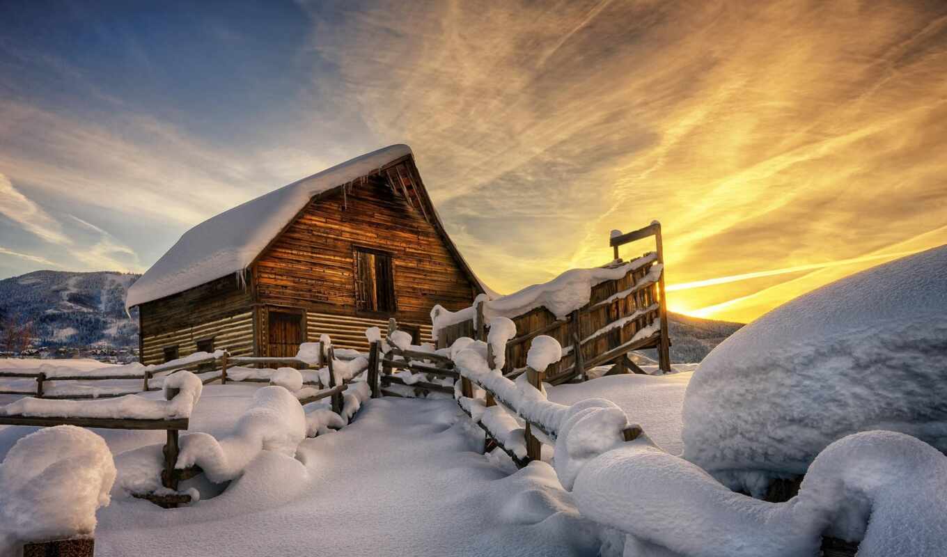 house, закат, снег, winter, забор