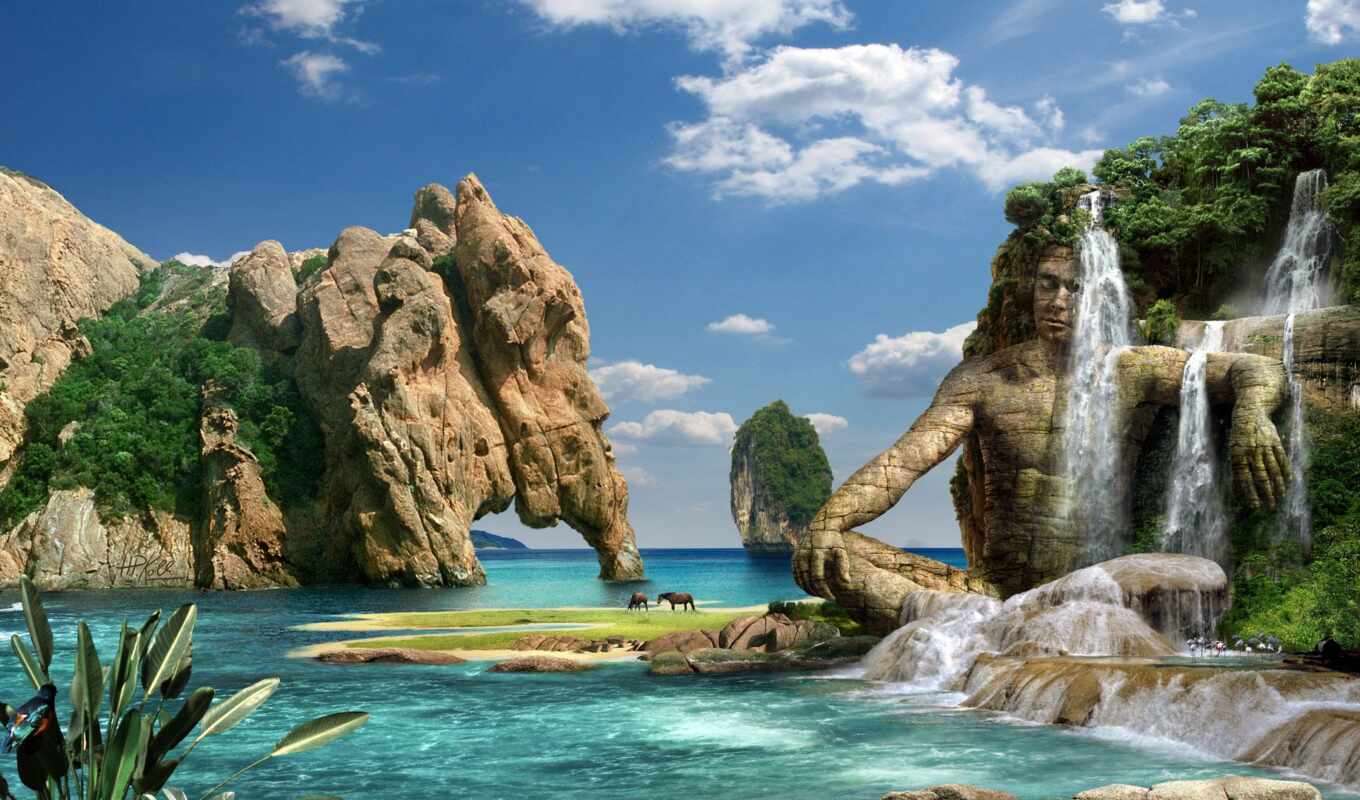 nature, sea, dream, waterfall, stones, mountains, rocks