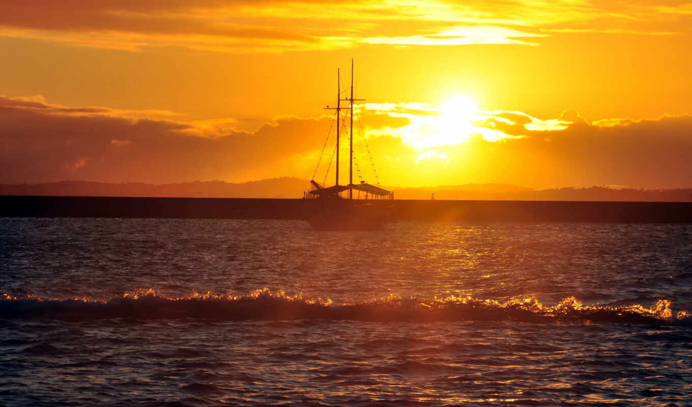sunset, ship, landscape, sea