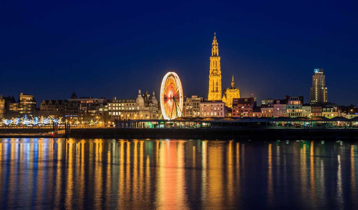 night, mirror, hotel, lights, horizon, wheel, Belgium, doer, Antwerp, antwerp