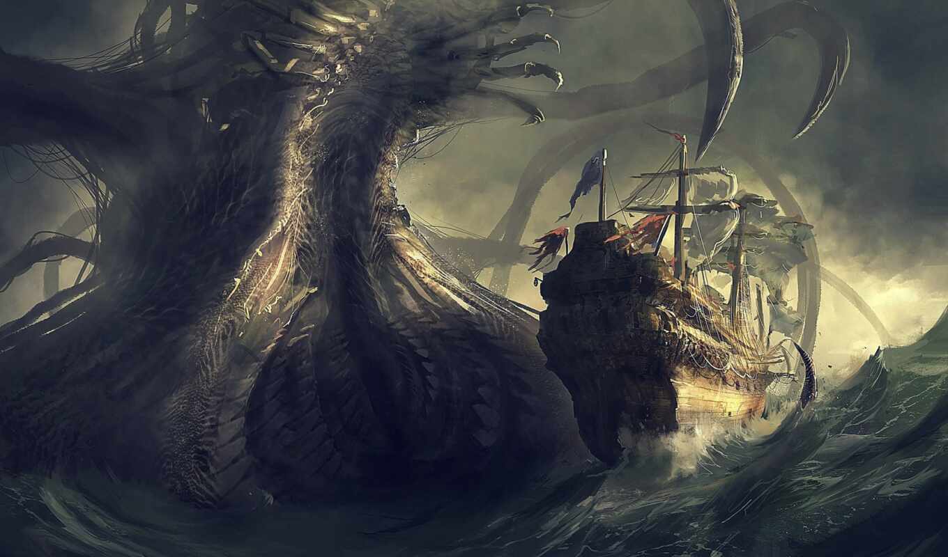 art, monster, ship, sea, giant, danger