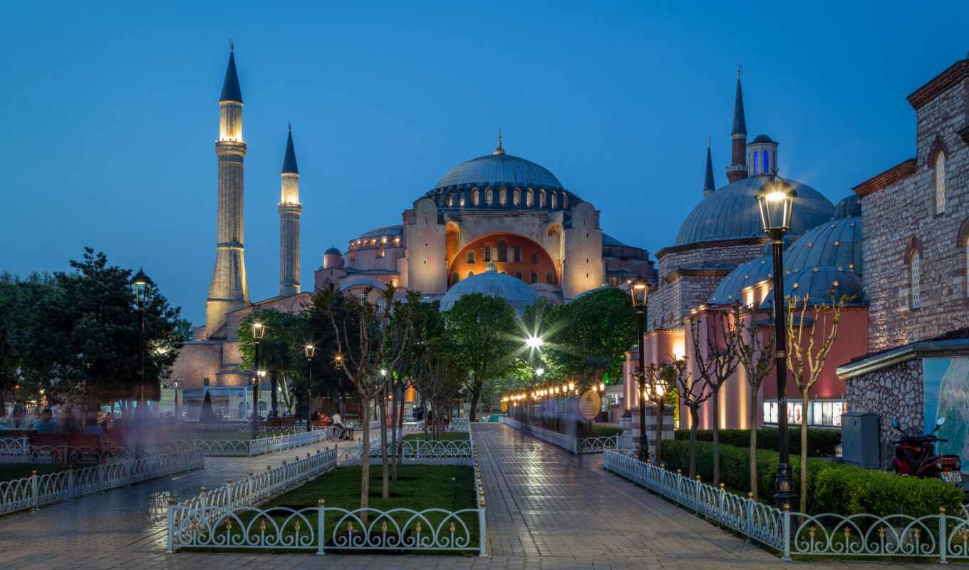 фон, город, ночь, улица, храм, sophia, turkey, even, mosque, istanbul, hagia