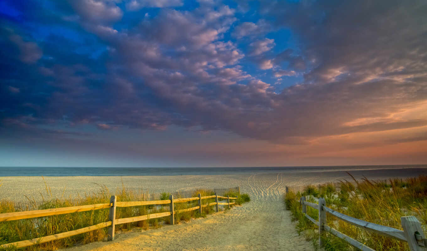nature, sky, sunset, beach, landscape, down, path, fence
