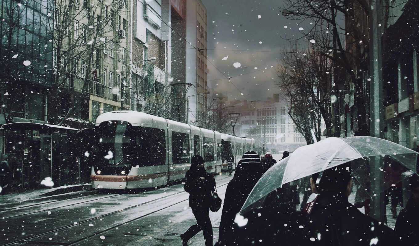snow, people, umbrellas, tram