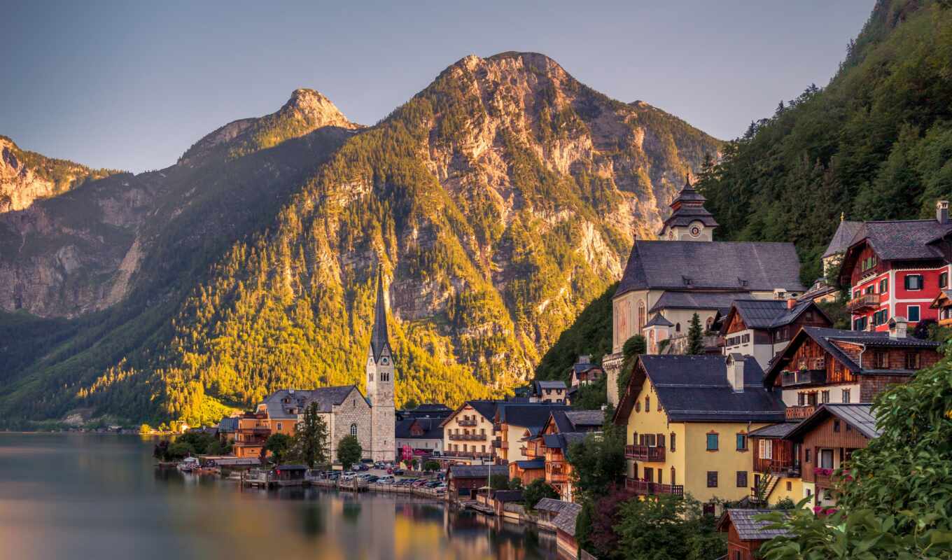 lake, house, home, mountain, Austria, hallstatt, tapety, town, austrian