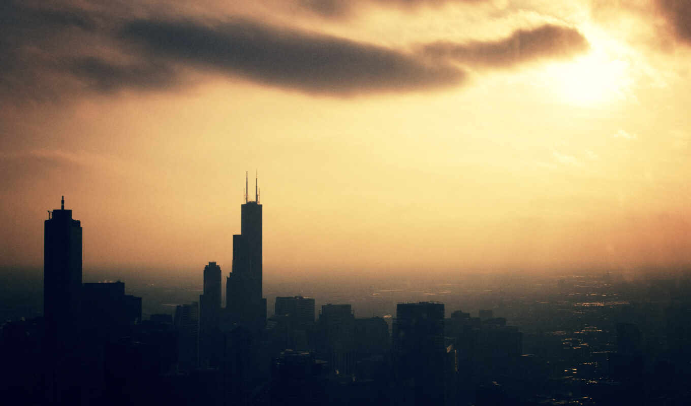 закат, город, башня, chicago