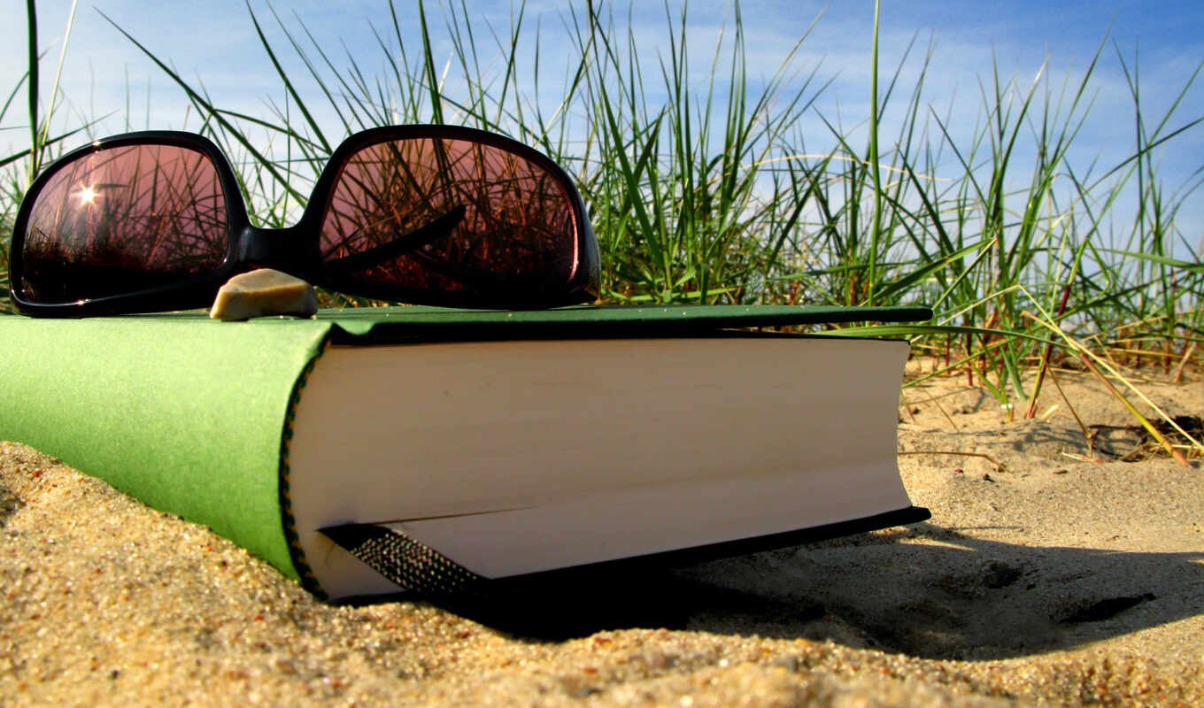 summer, book, grass, sand, glasses, rest, bookmark