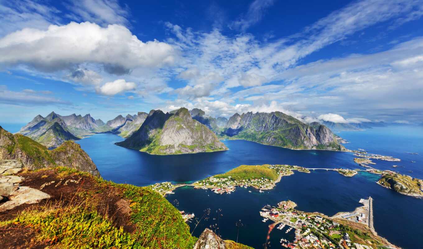 природа, небо, parede, landscape, por, casas, norwegian, lofoten, горы, noruega