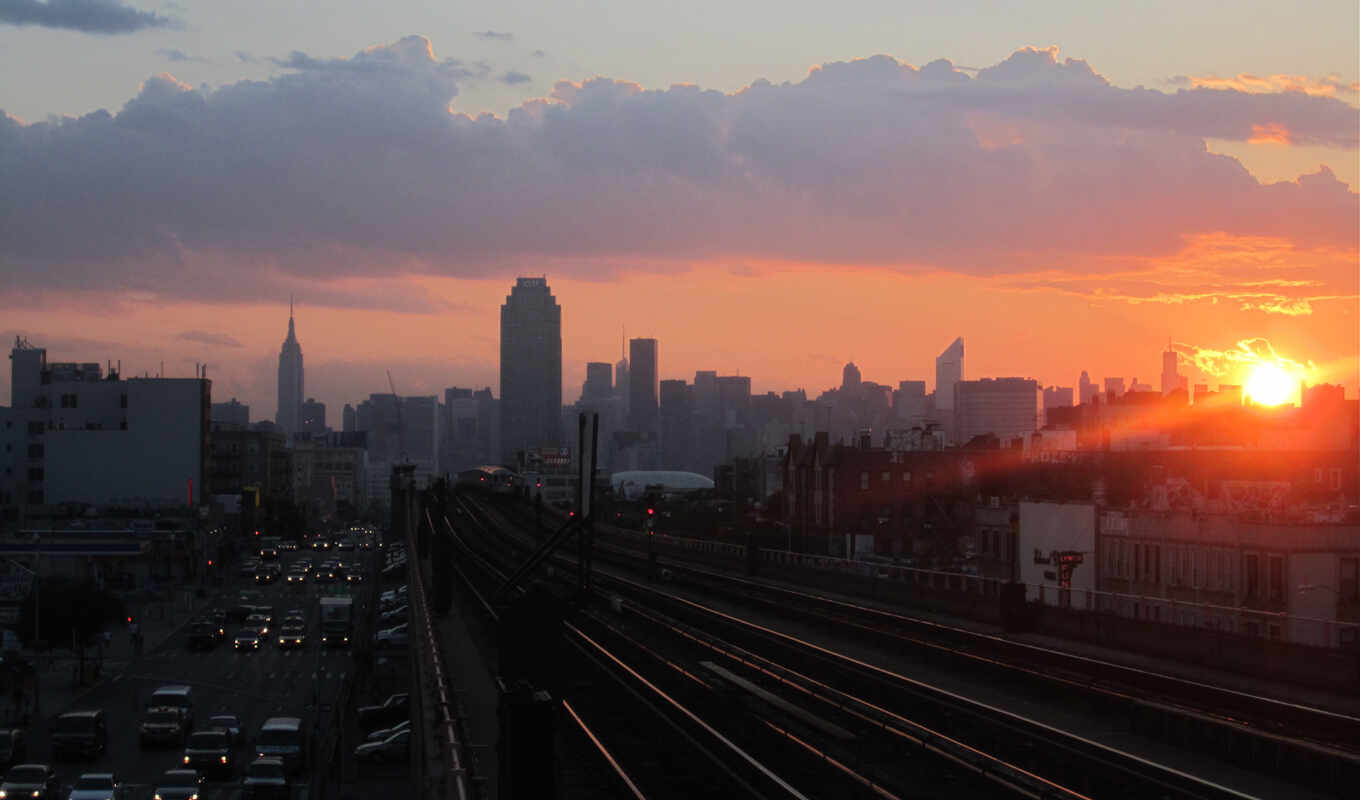 summer, sunset, new, city, a train, nyc, york, tracks, boulevard, queen, solar