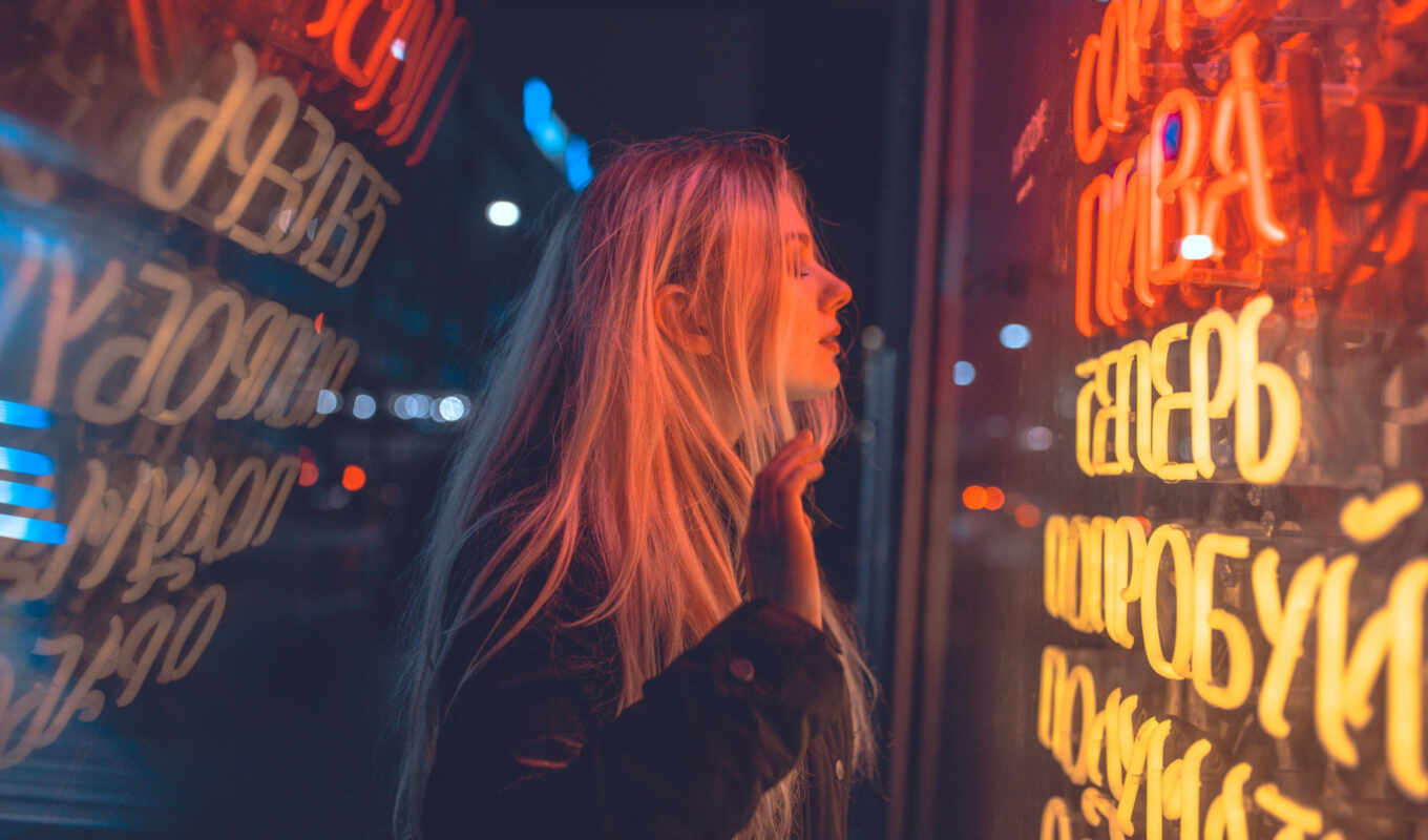 женщина, фон, blonde, волосы, long, отражение, neon