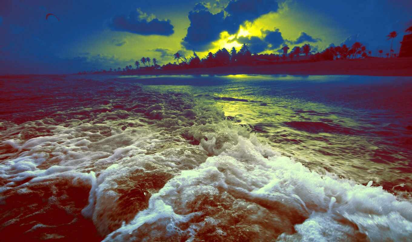 закате, закат, красивые, пляж, море, берег, пальмы, смотреть, красиво, waves