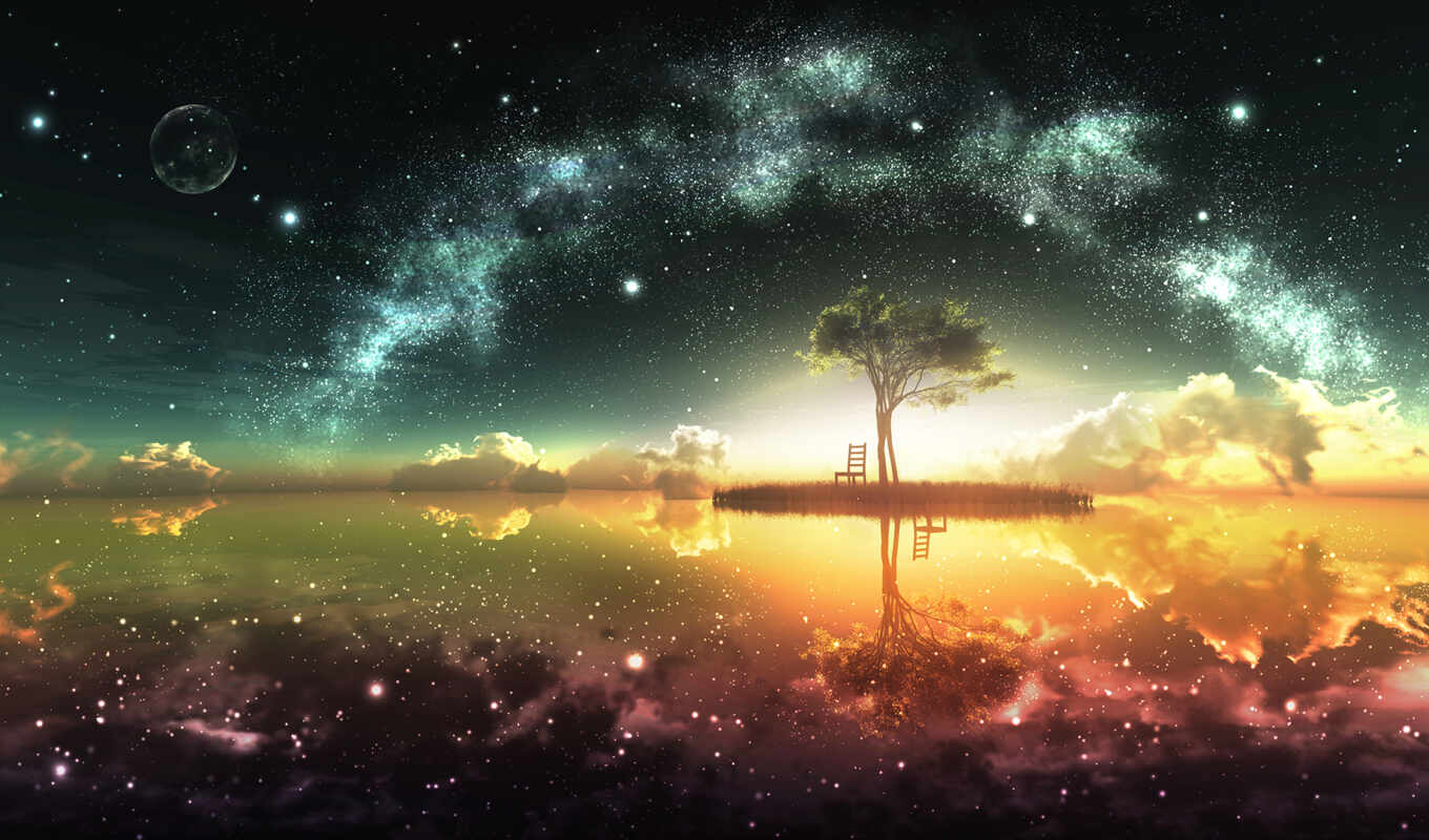небо, art, sun, дерево, луна, остров, горизонт, отражение, land, cosmos, звезды
