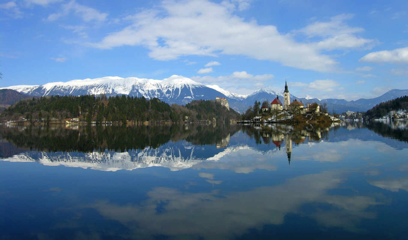 озеро, снег, winter, храм, slovenia, горы