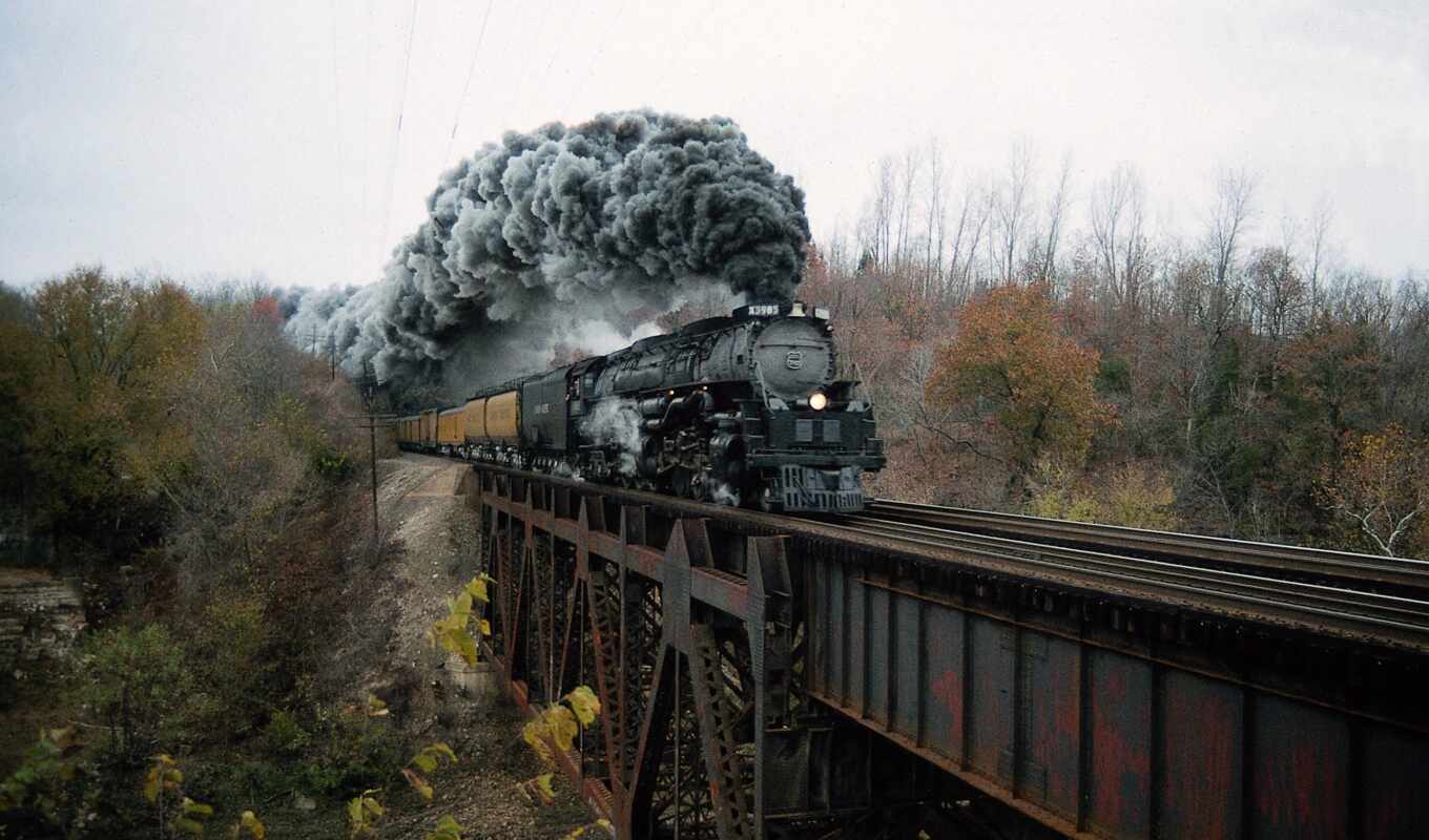 дым, мост, iron, локомотив, мосты, ванна, паровоза, въезжает, вагонами