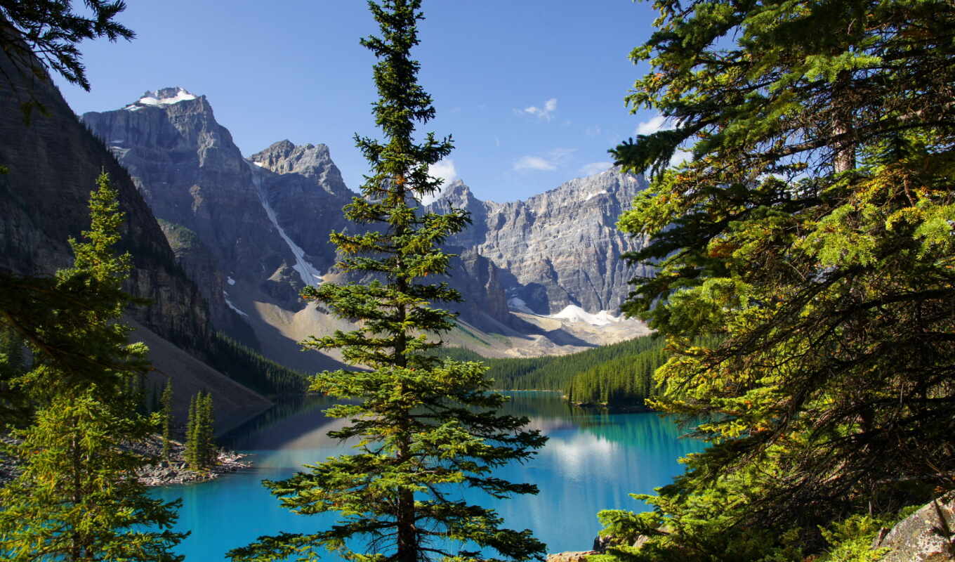 озеро, природа, пейзажи -, широкоформатные, trees, national, морейн, канадский, горы