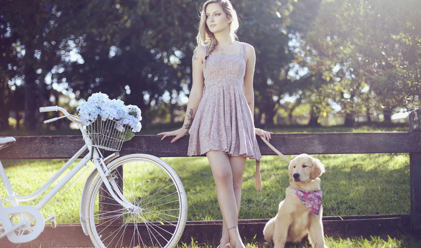 girl, white, dog, golden, bicycle, retriever, stand, leads, arm, neya