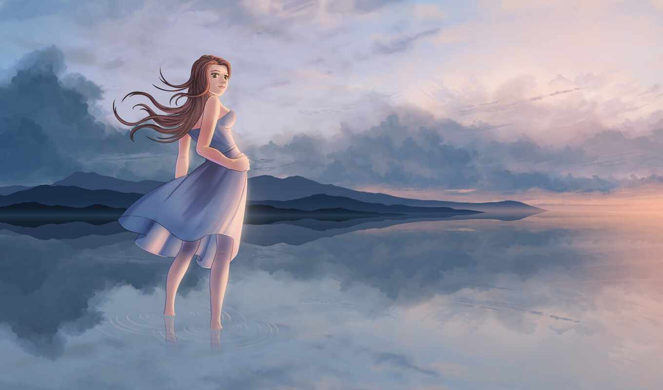 girl, wind, cloud, river, reflection, art