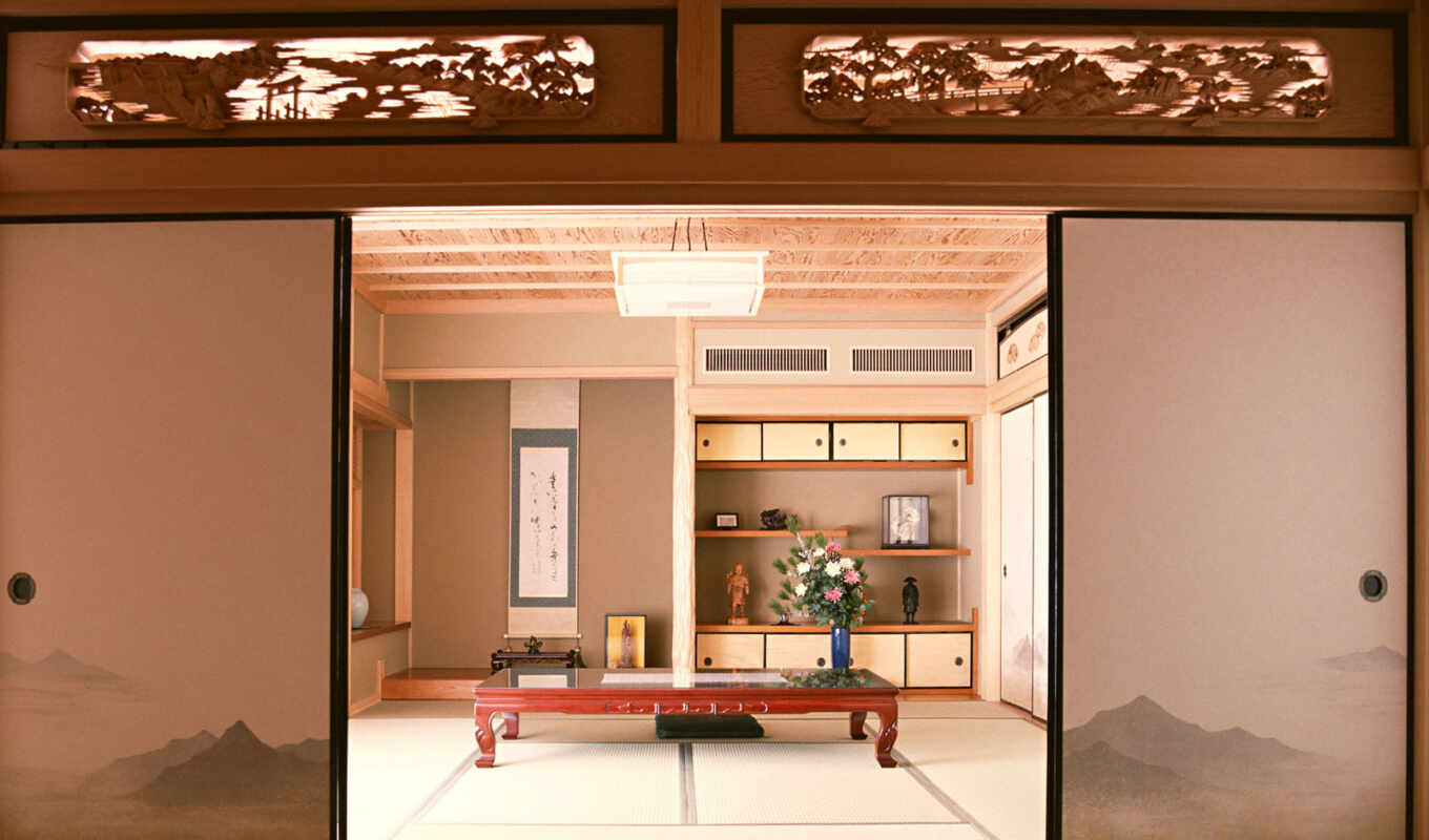 фото, комната, столик, двери, япония