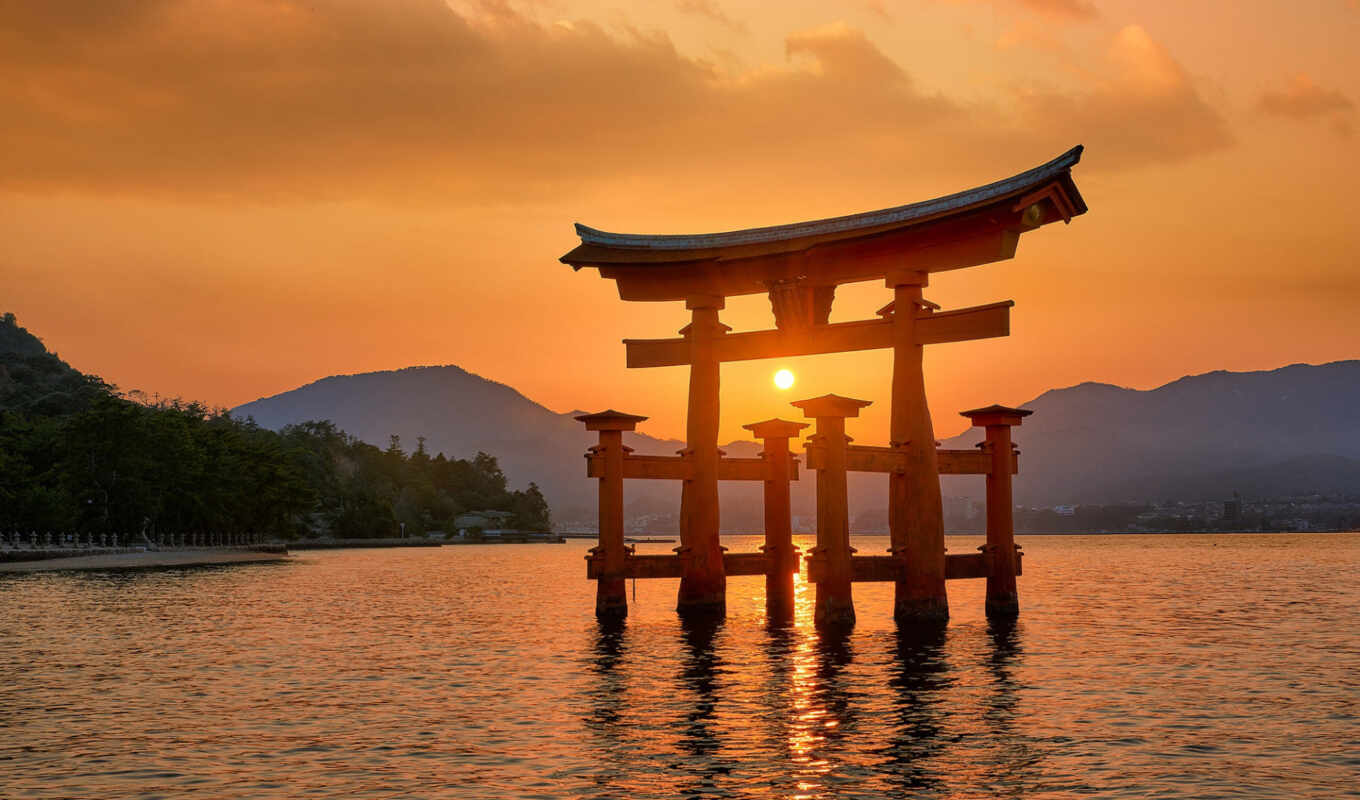 закат, гора, море, japanese, япония, gates, ритуал, shrine, miyajima, itsukushima, torii