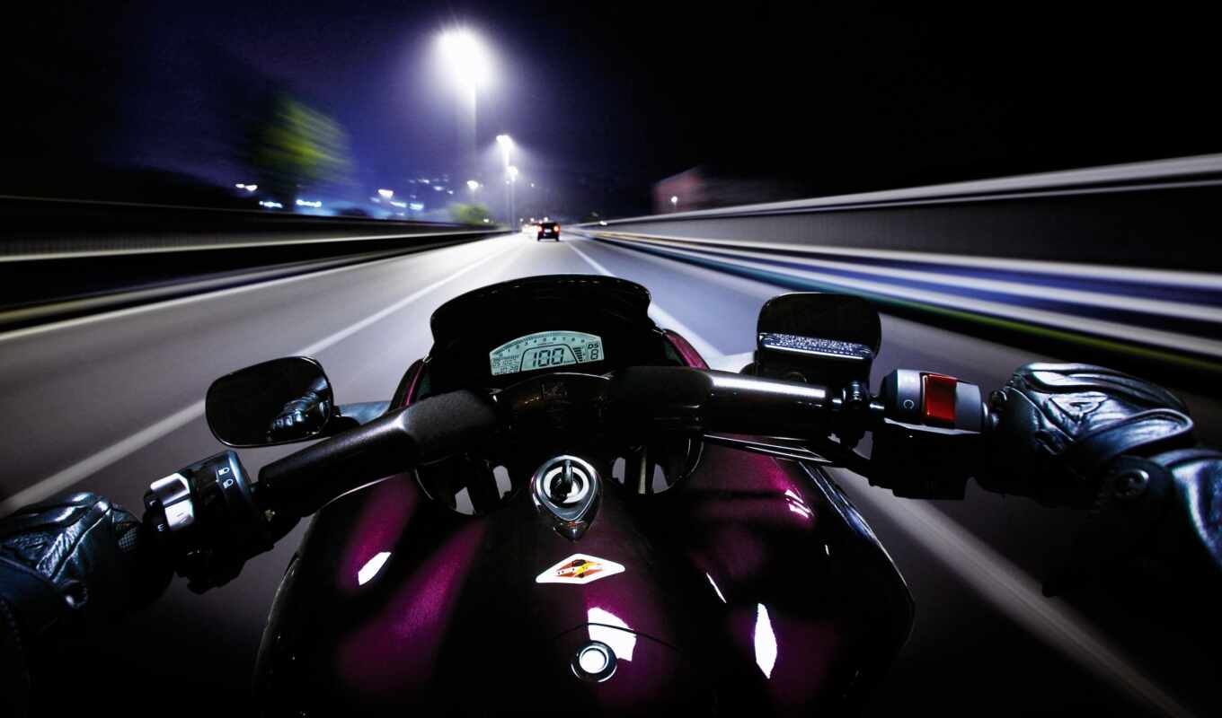 мотоцикл, ночь, дорога, машина, огни, авто, скорость, highway, движение