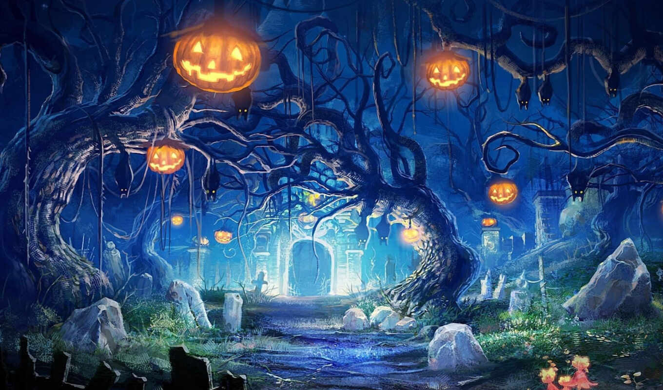 ночь, праздник, halloween, тыквы, favourite, могилы