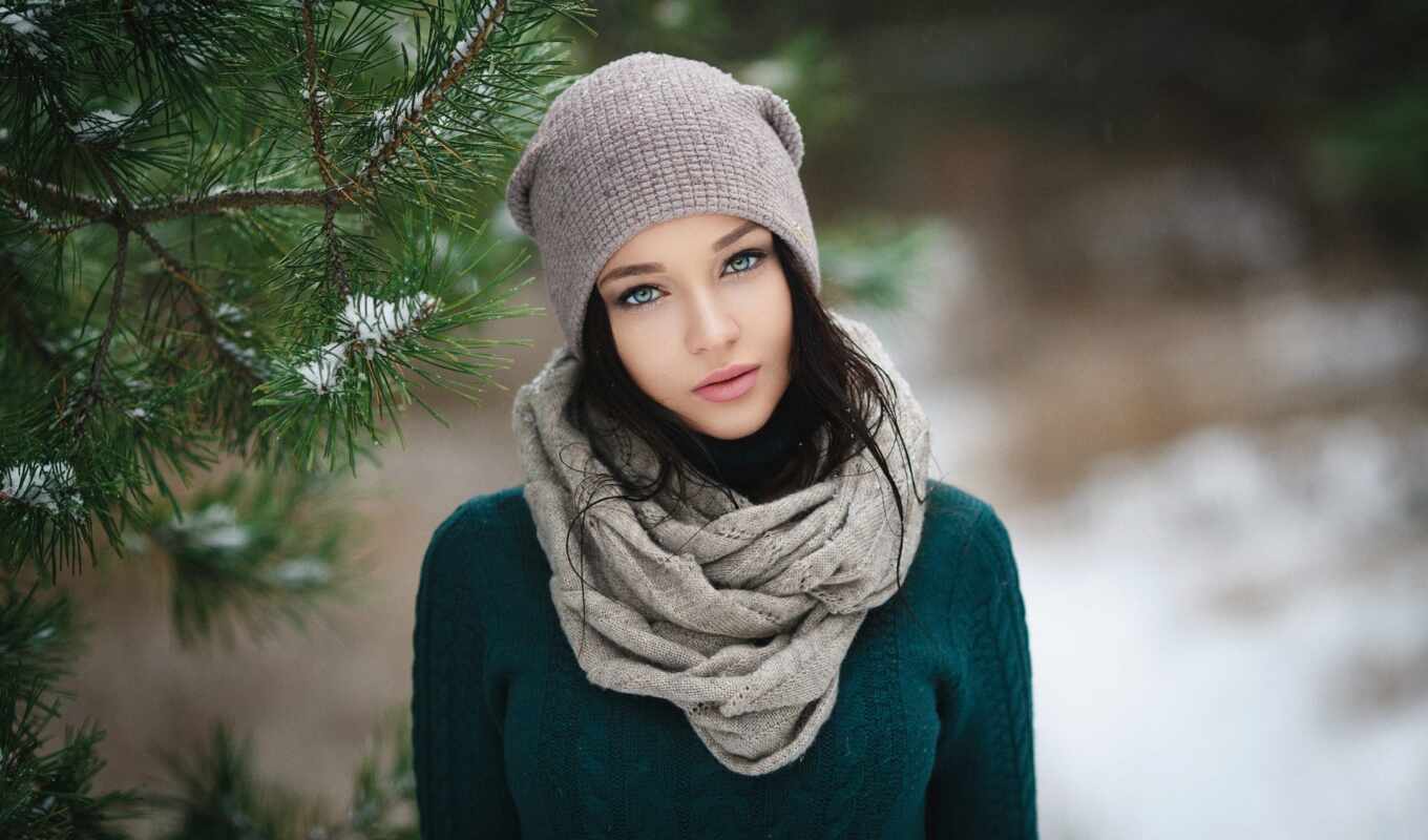 girl, winter, branch, a cap