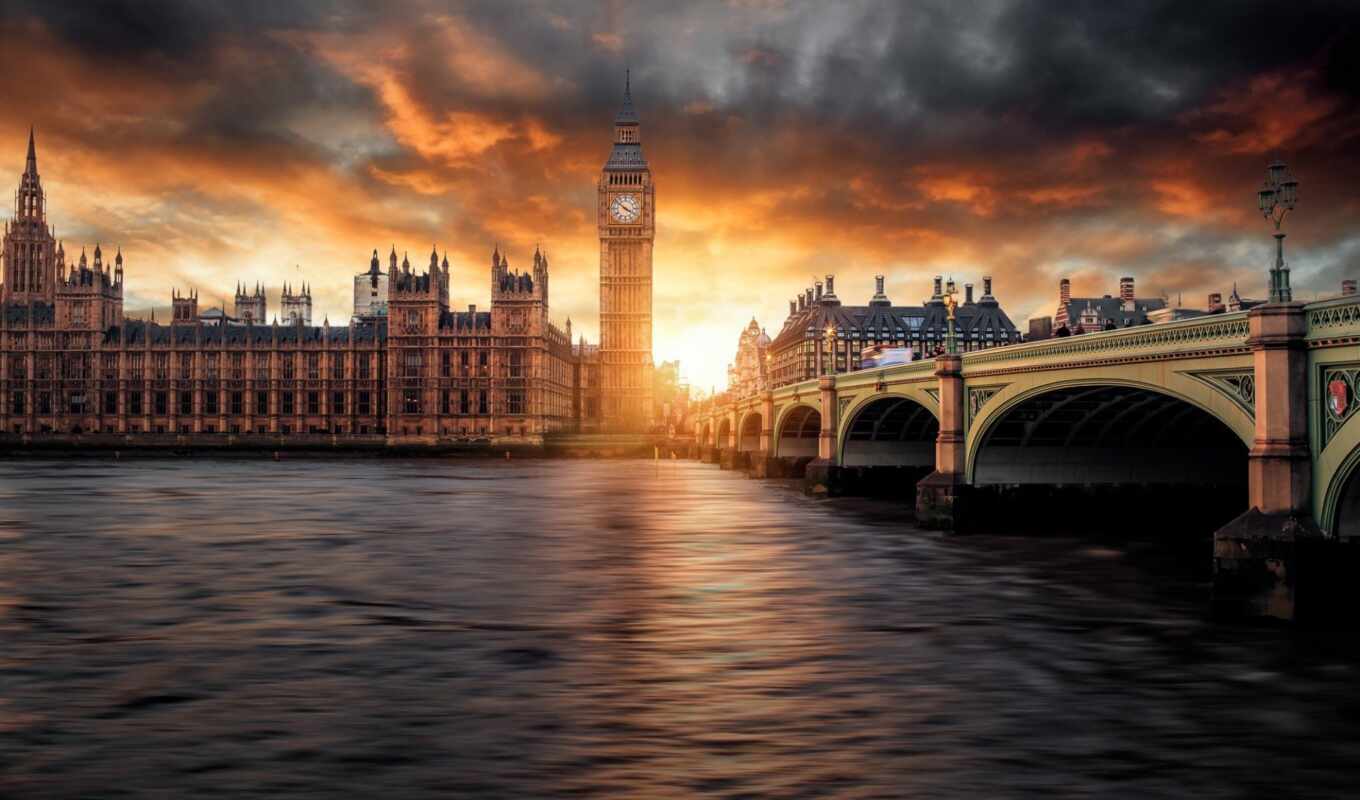 sunset, Bridge, river, london, bigben