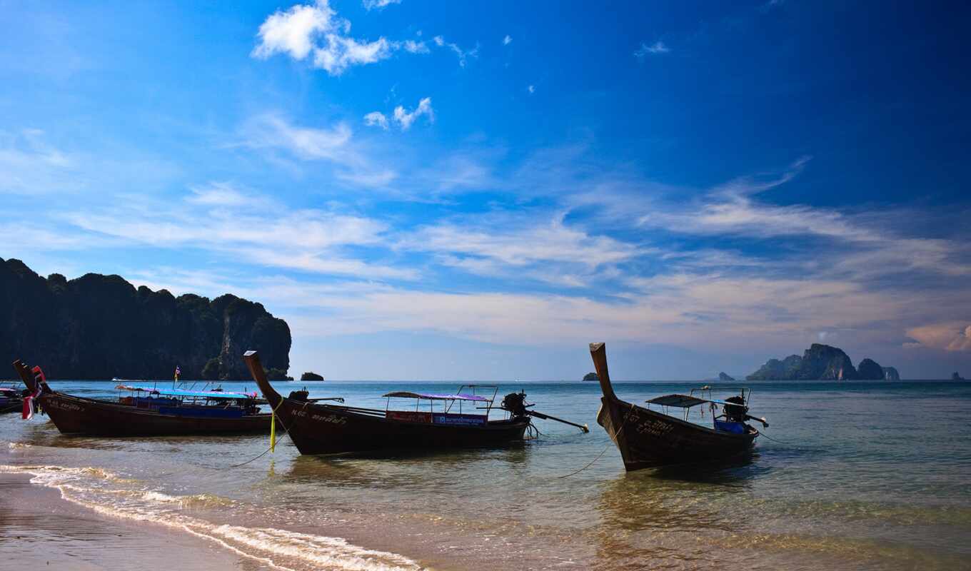 mountain, sea, a boat, thai