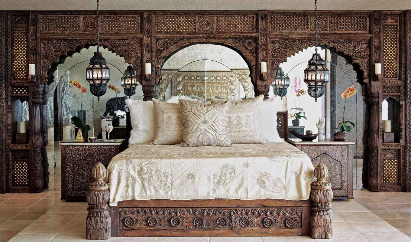 different, style, room, retro, style, designs, bed, pillows, interior, bedroom, mood, mirrors, moroccan, тумбочки, beautifully, lights