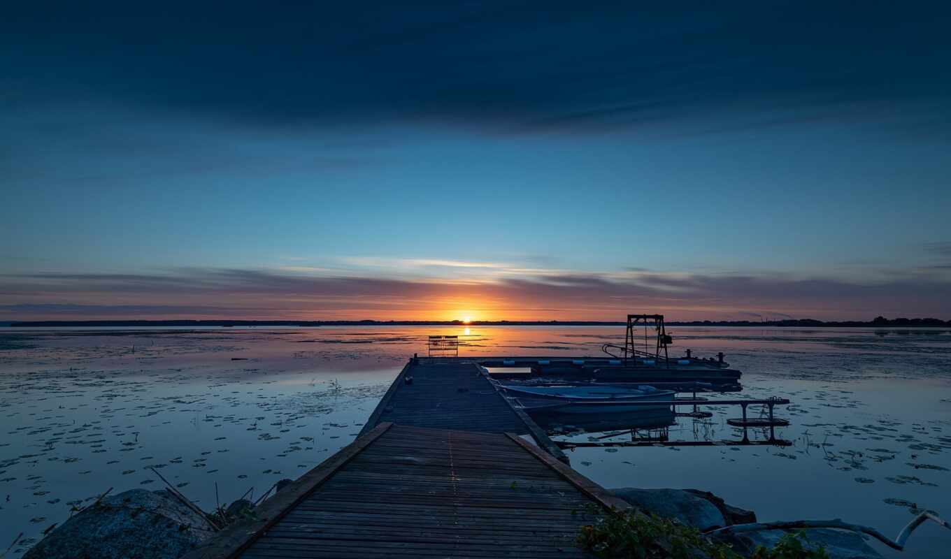 lake, sunset, pier