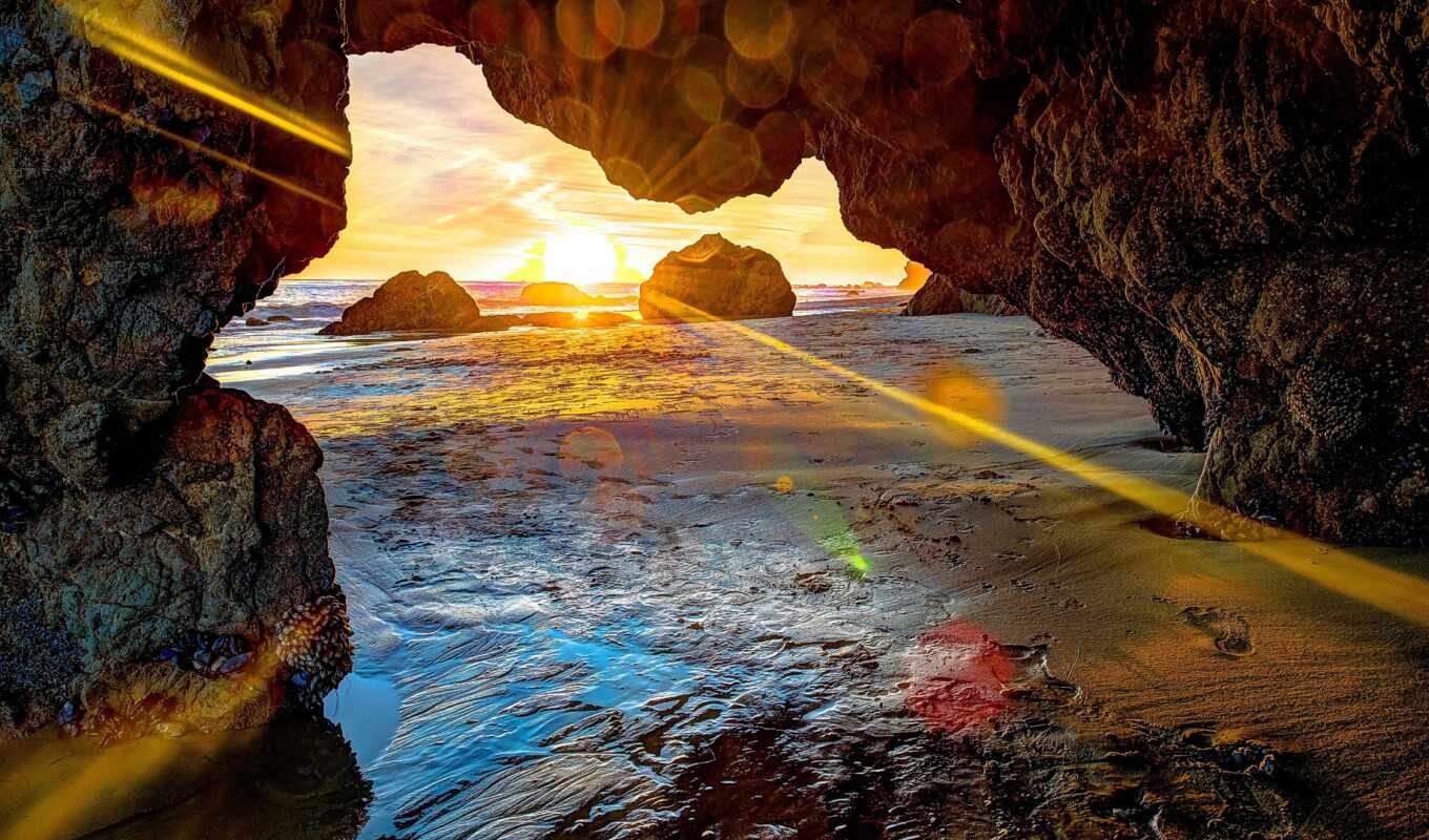 природа, sun, закат, rock, море, берег, восход, пещера, ray
